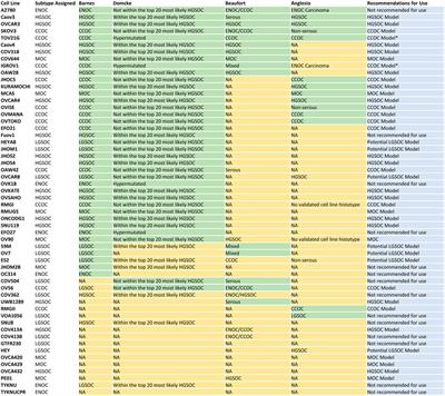 Investigating the suitability of in vitro cell lines as models for the major subtypes of epithelial ovarian cancer